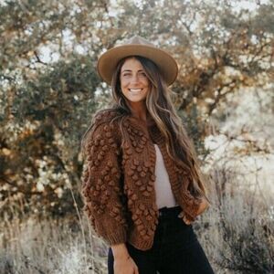 Glam Nova Pom‎ Pom Hearts Brown Open Cardigan Women's Sz S Small